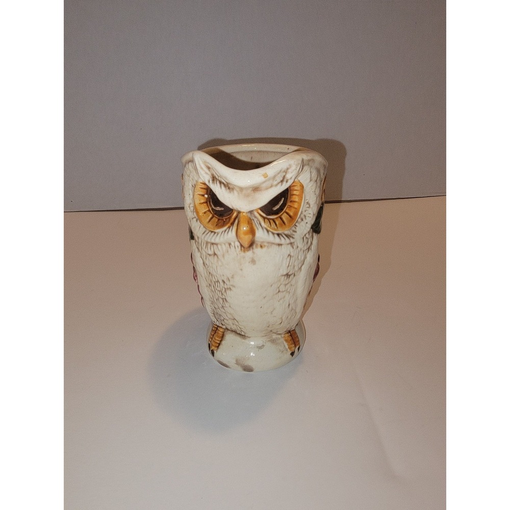 Vintage Beige Owl Creamer Pitcher Hand Painted 4.75" Bold Colors Flowers & Leaf